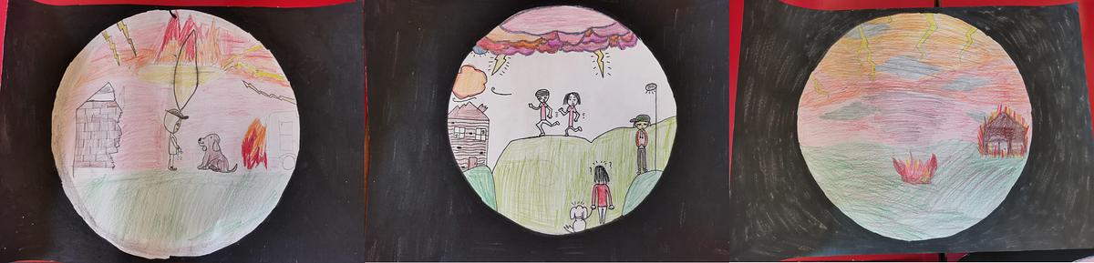 Three children's drawings showing the factory explosion through the lens of a camera