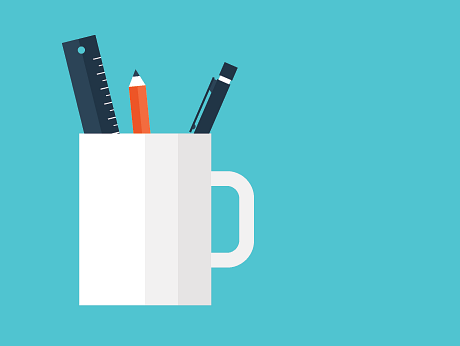 Illustration of a pen, pencil and ruler in a mug