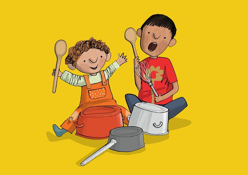 Illustration of two children holding wooden spoons with pots and pans in front of them