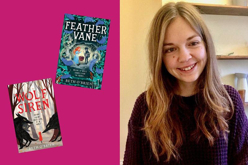 Author Beth O'Brien, a woman in her 20s with blonde hair wearing a purple jumper and smiling