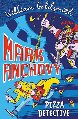 Book cover for Mark Anchovy: Pizza Detective. Blue backgroud with cartoon drawing of a pizza delivery boy running from a Roman weilding a speaer Book cover for Mark Anchovy: Pizza Detective. Blue backgroud with cartoon drawing of a pizza delivery boy running from a Roman weilding a speaer