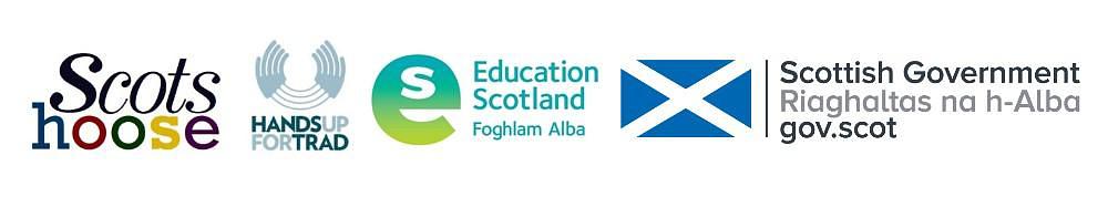 Row of logos for Scots Hoose, Hands Up For Trad, Education Scotland and Scottish Government
