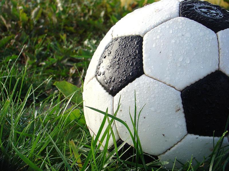 Close up of football sitting in dewy grass