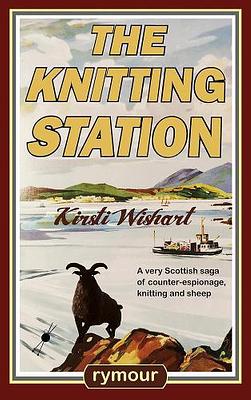 Cover of The Knitting Station book. A painted seascape with a island in the background and a sheep up front.
