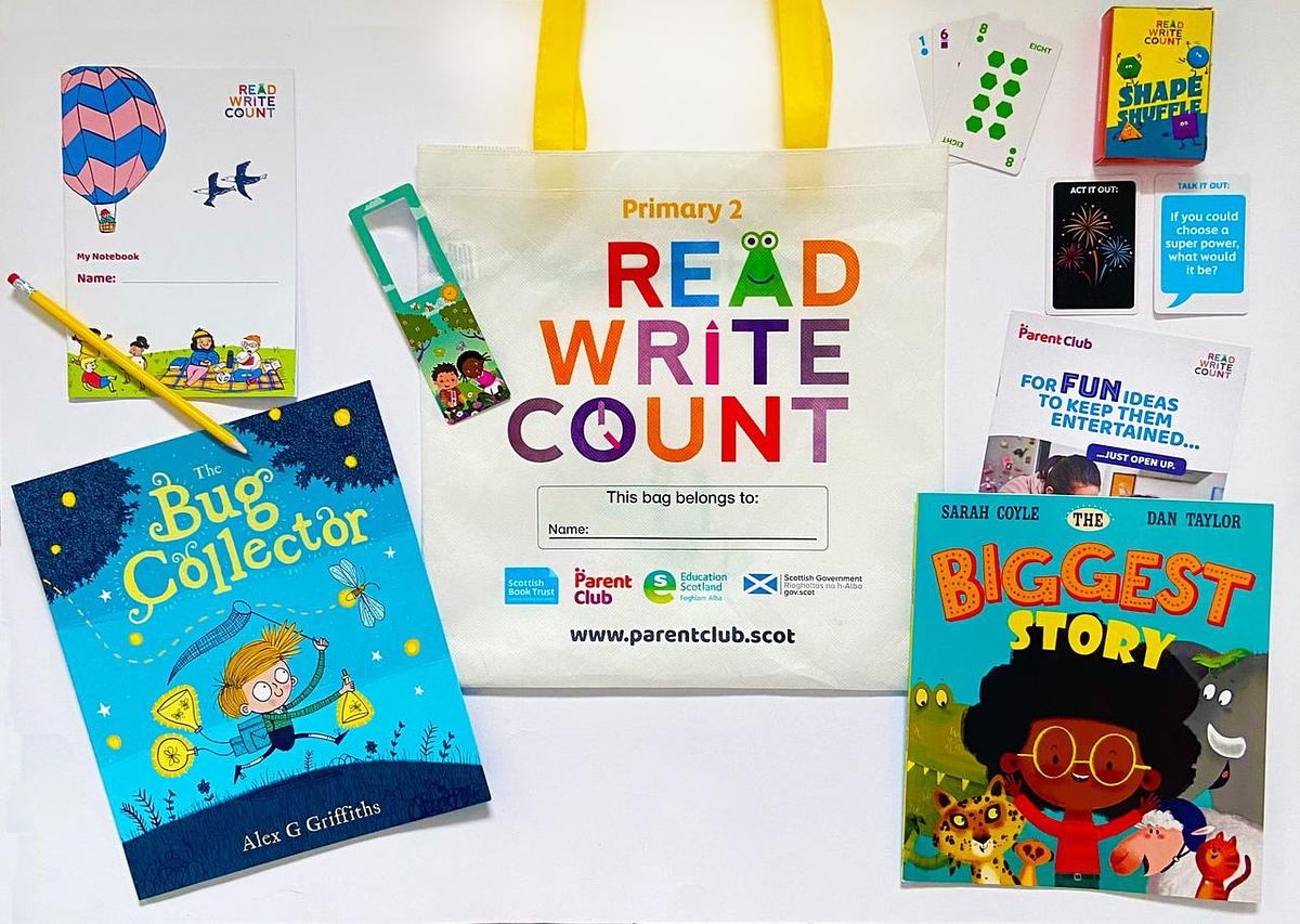 P2 Read Write Count bag, The Bug Collector book, The Biggest Story book, pencils, leaflets and other Read, Write, Count resources.