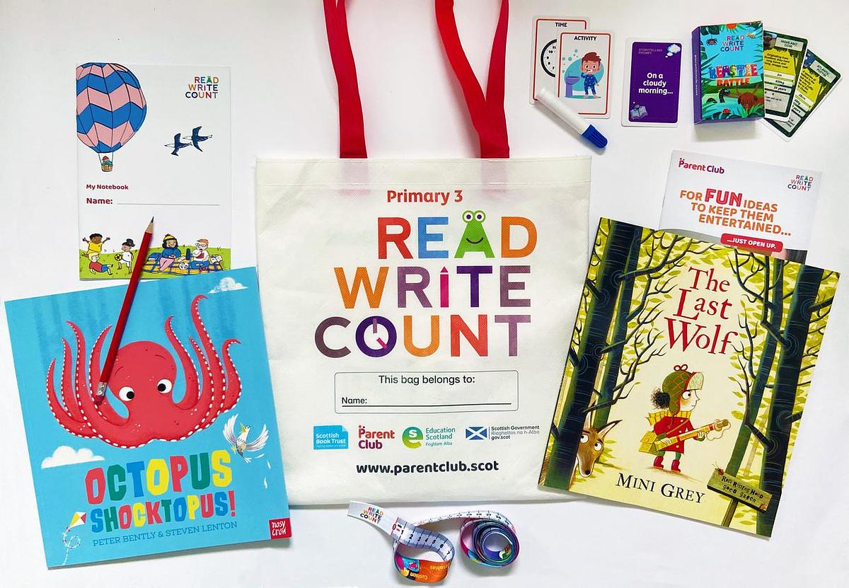 P3 Read Write Count bag, Octopus Shocktopus book, The Last Wolf book, pencils, leaflets and other Read, Write, Count resources.