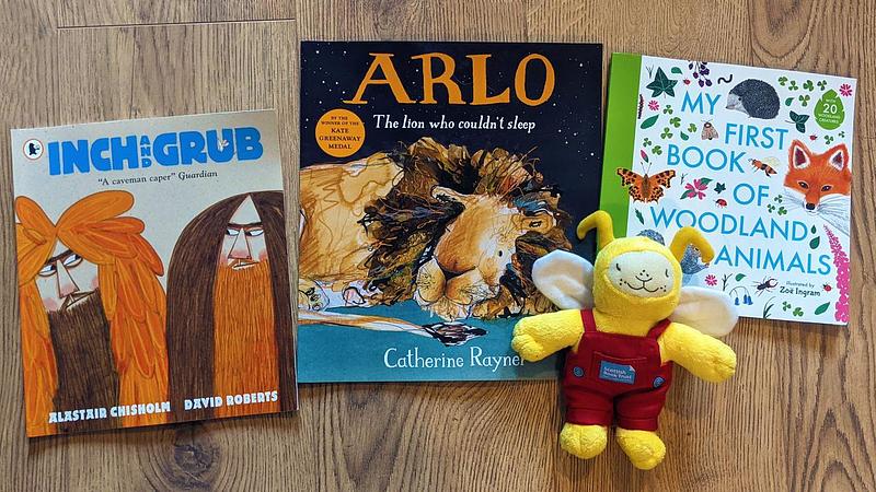 Three books (Inch and Grub, Arlo the lion who couldn't sleep, and My First Book of Animals) lying next to Bookbug doll