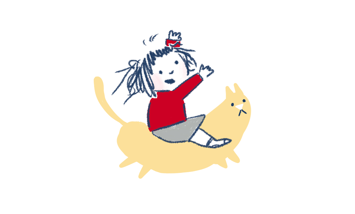Cartoon style illustration of person riding a cat