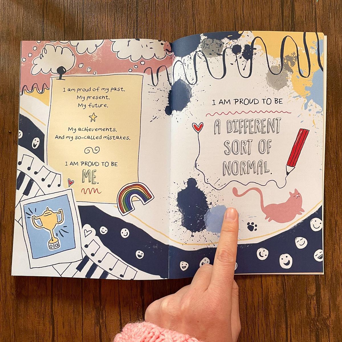 Inside pages of Abigail Balfe's book 'A Different Sort of Normal'