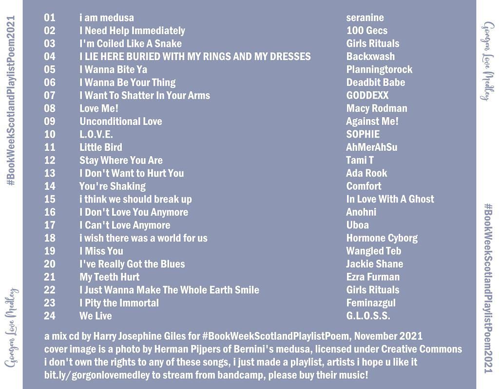 Back cover of CD titled 'Gorgon Love Medley' list tracks and artists on top of purple background Back cover of CD titled 'Gorgon Love Medley' list tracks and artists on top of purple background