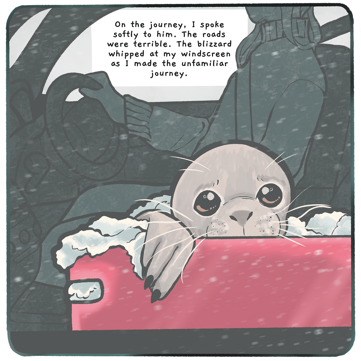 comic illustration of car interior and sad seal pup looking out the window with text bubble that reads: 'On the journey, I spoke softly to him. The roads were terrible. The blizzard whipped at my windscreen as I made the unfamiliar journey.'