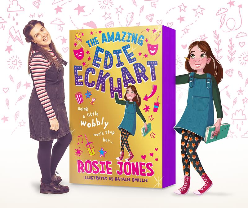 Author Rosie Jones next to book jacket and illustration of The Amazing Edie Eckhart