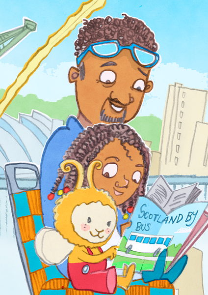 Bookbug sitting on a bus reading 'Scotland by bus' next to a father and daughter