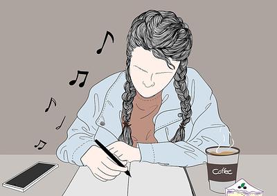 Line drawing of a girl with one plaited hair sitting at a desk and writing  in a notebook. A phone plays music beside her another is a takeaway cup of coffee on the desk.