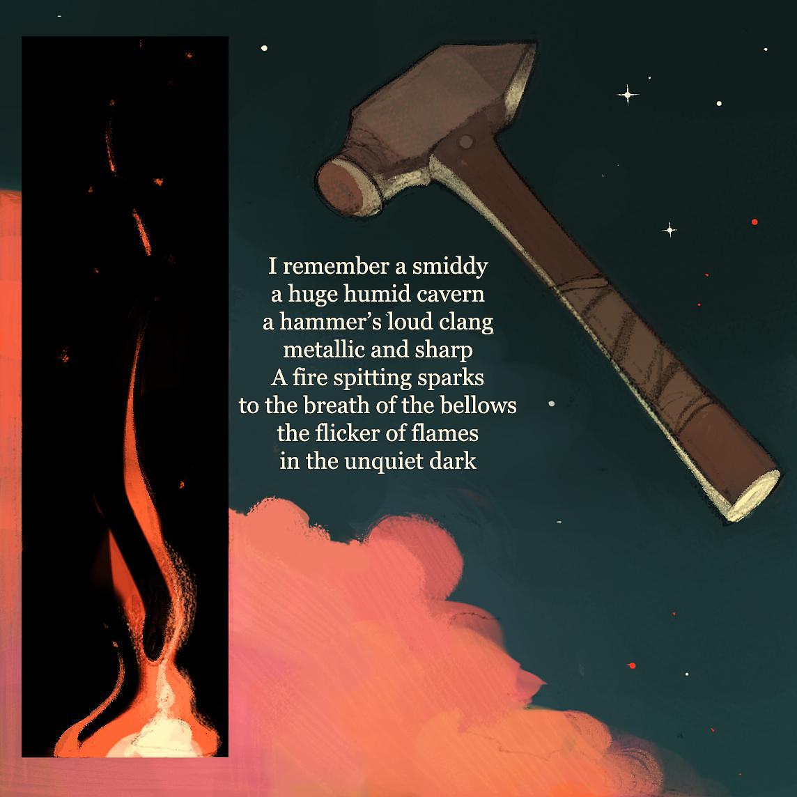 Two panel comic. Comic panel one shows flame in black rectangle. Comic panel two shows metal hammer surrounded by starry sky and pink cloud. The second stanza of Epona is overlaid on the starry sky.