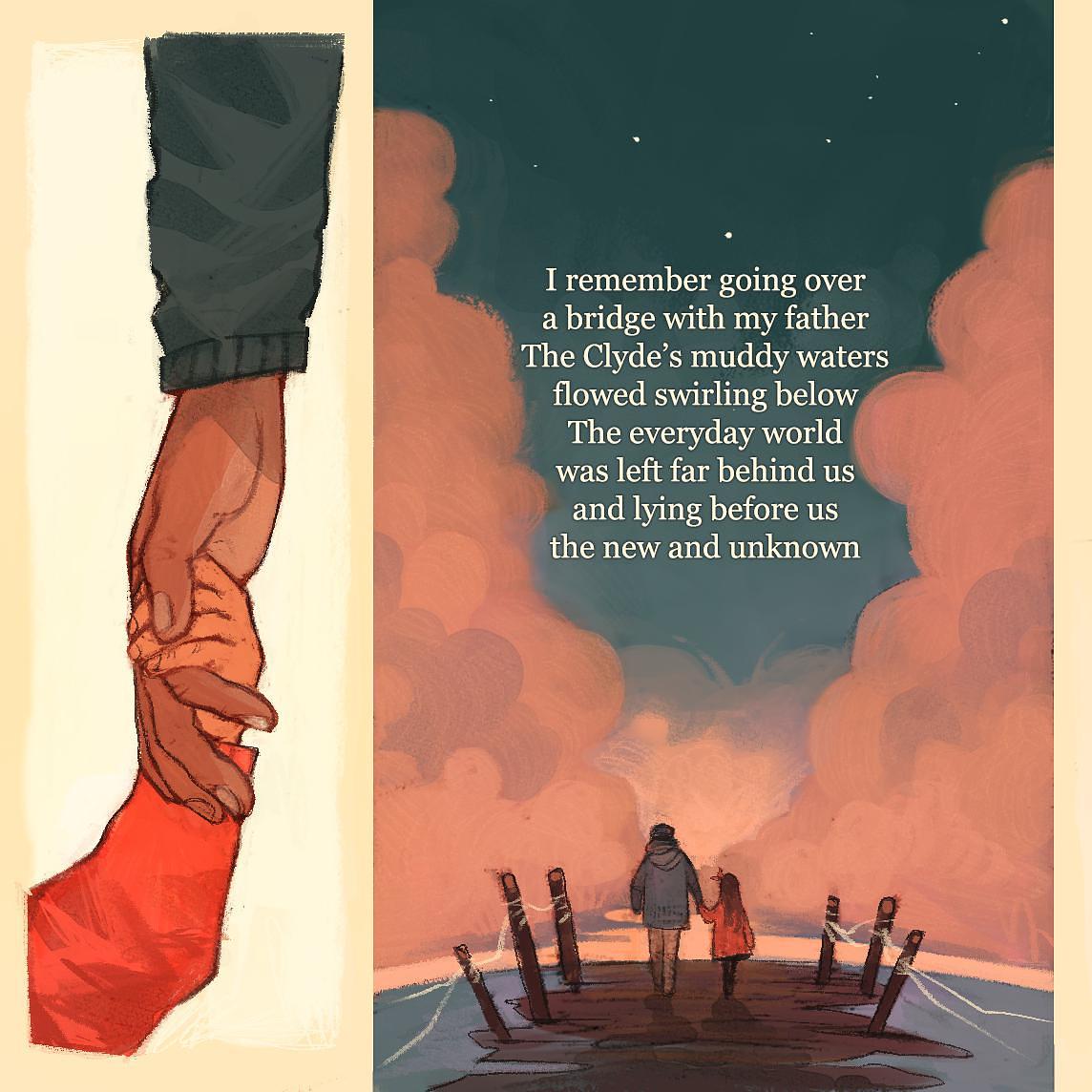 Two panel comic. Comic panel one zooms in on a father and child's held hands. Comic panel two zooms out to full image of the pair walking across a bridge over the Clyde,  surrounded by the starry sky, pink clouds, and the muddy water of the river. Comic panel two is overlaid with text from the first stanza of Epona.