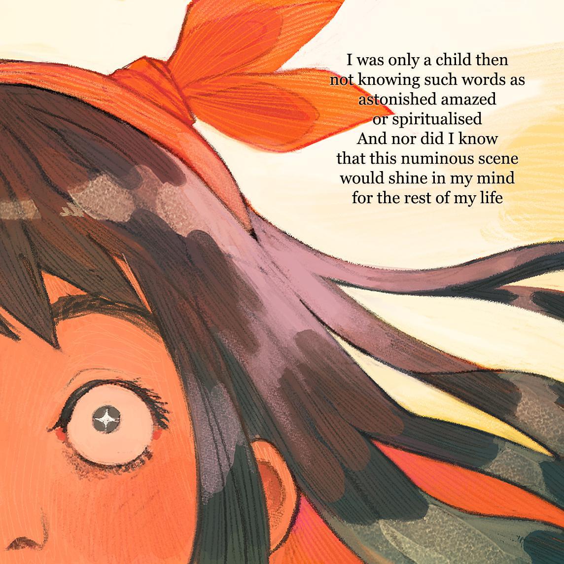 One panel comic shows half of child's face. They have long, flowing dark hair and a red bow. Their eye is wide and the pupil sparkles.  The image is overlaid with the final stanza of Epona.