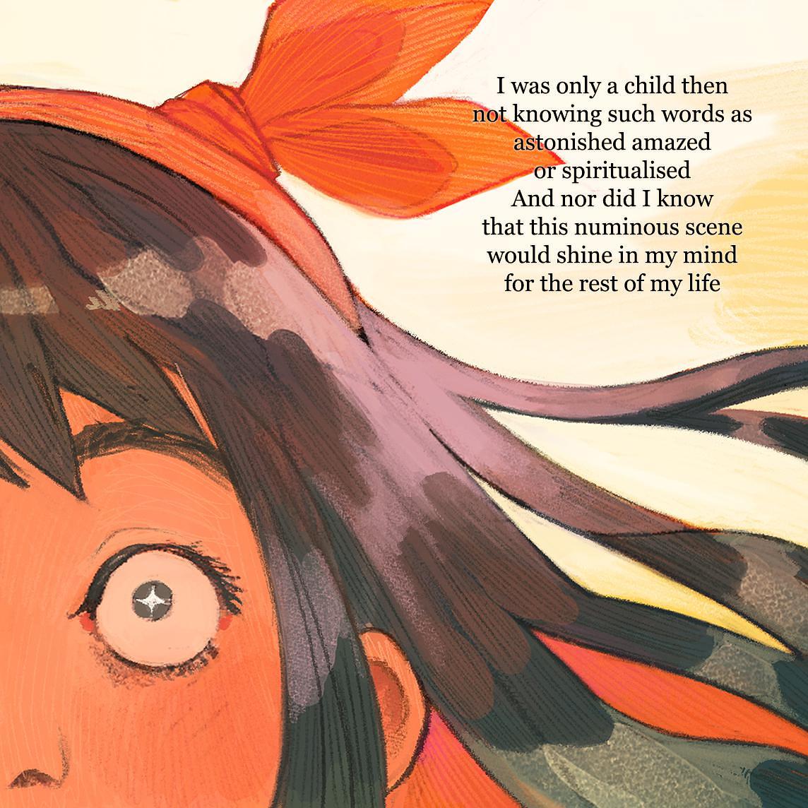 One panel comic shows half of child's face. They have long, flowing dark hair and a red bow. Their eye is wide and the pupil sparkles. The image is overlaid with the final stanza of Epona. One panel comic shows half of child's face. They have long, flowing dark hair and a red bow. Their eye is wide and the pupil sparkles. The image is overlaid with the final stanza of Epona.