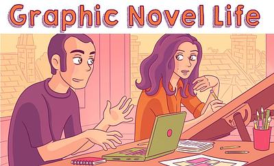 Cartoon representations of the comic duo Metaphrog working at a laptop and drawing desk. Caption above: Graphic novel life