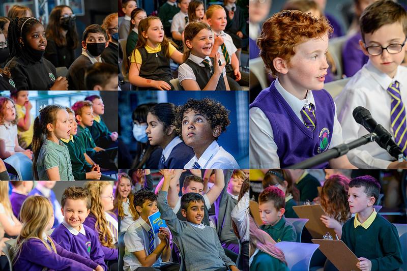 A collage of images of children in Authors Live audiences. Some are laughing, some looking thoughtful, some are waving at camera. 