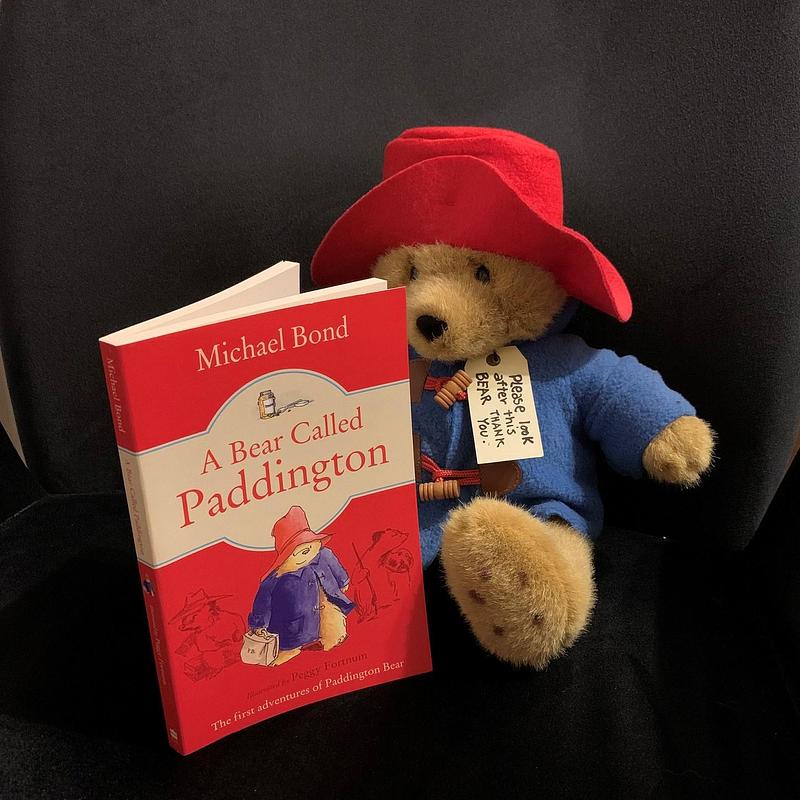 Paddington the bear soft toy reading a copy of A Bear Called Paddington by Michael Bond