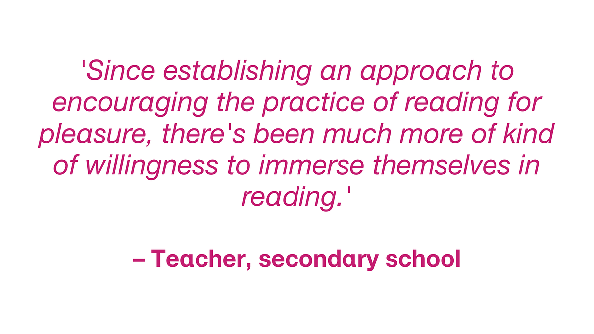 Infographic quotation: 'Since establishing an approach to encouraging the practice of reading for pleasure, there's been much more of kind of willingness to immerse themselves in reading.'