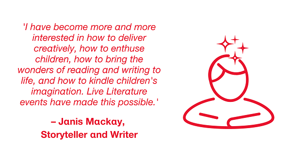 Quotation from Janis Mackay, storyteller and writer: 'I have become more and more interested in how to deliver creatively, how to enthuse children, how to bring the wonders of reading and writing to life, and how to kindle children's imagination. Live Literature events have made this possible.'
