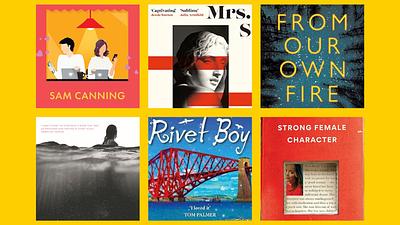A compilation of book covers against a bright yellow backdrop