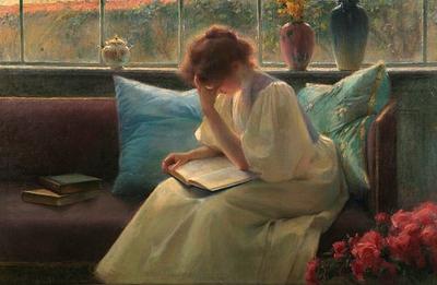 Oil painting of a woman reading on a sofa by František Dvořák
